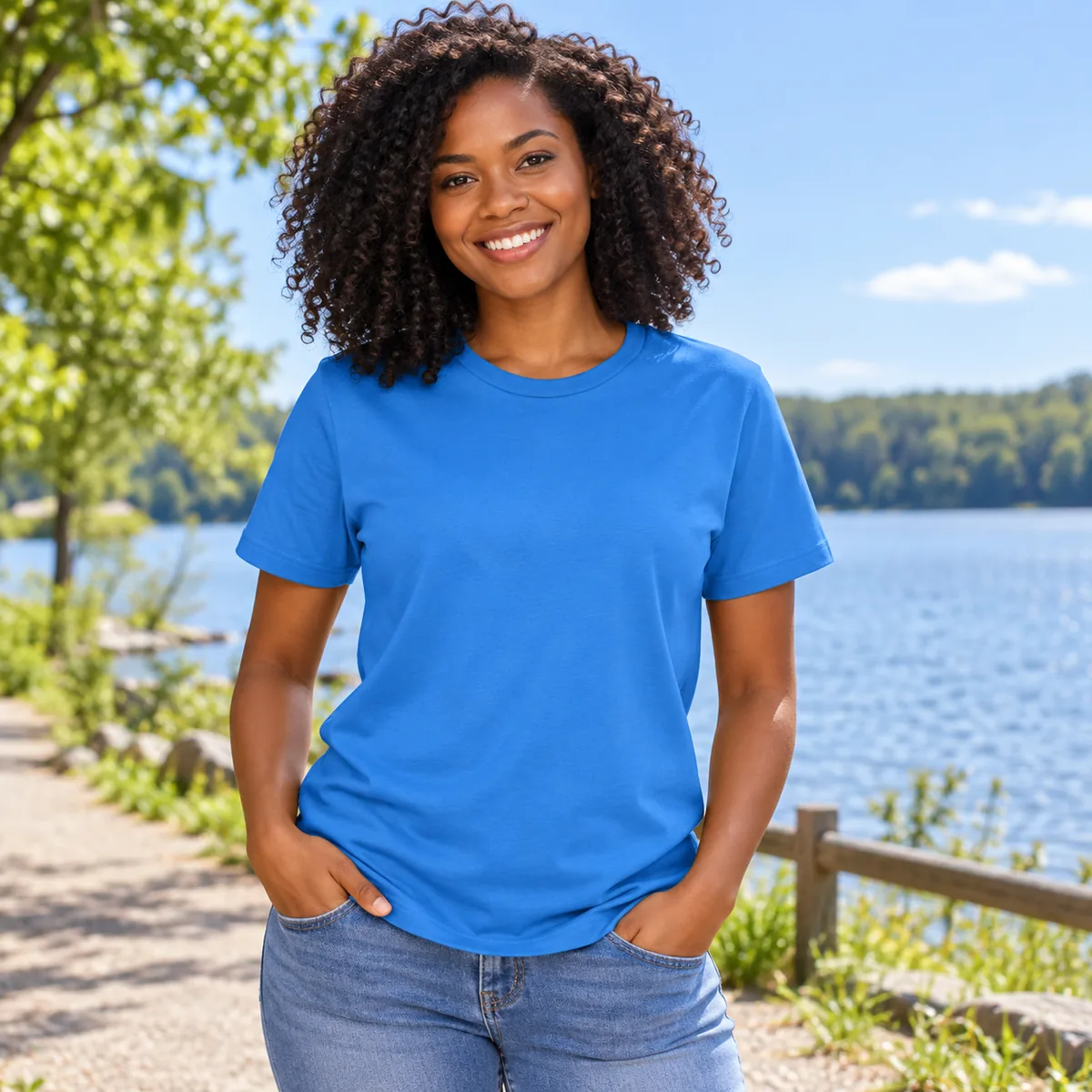 Woman wearing a beacon blue Allmade organic cotton tee on a lakeside path; blank front.