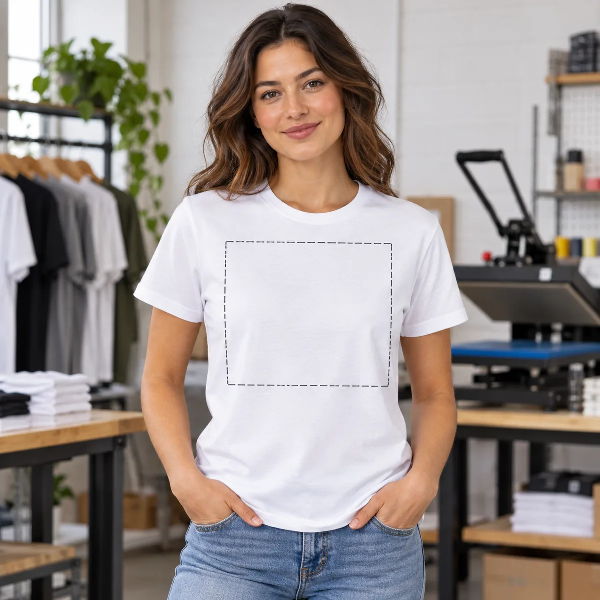 Woman wearing a bright white tee with an illustrative dashed chest print-area outline; dimensions are not verified.