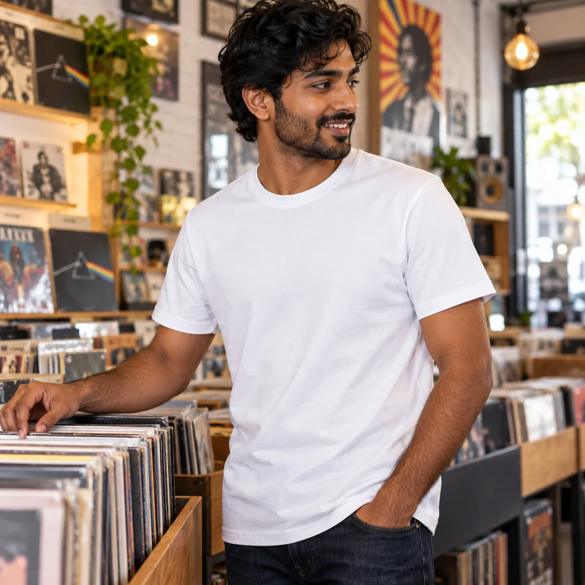 Man wearing a bright white Allmade organic cotton tee at a record shop, shown in side view.