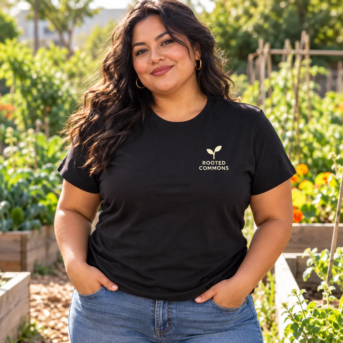 Woman wearing a deep black tee with fictional Rooted Commons sample branding at a community garden.