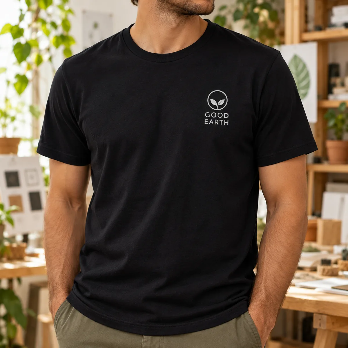 Close view of a deep black tee with fictional Good Earth sample print at an eco-design studio.