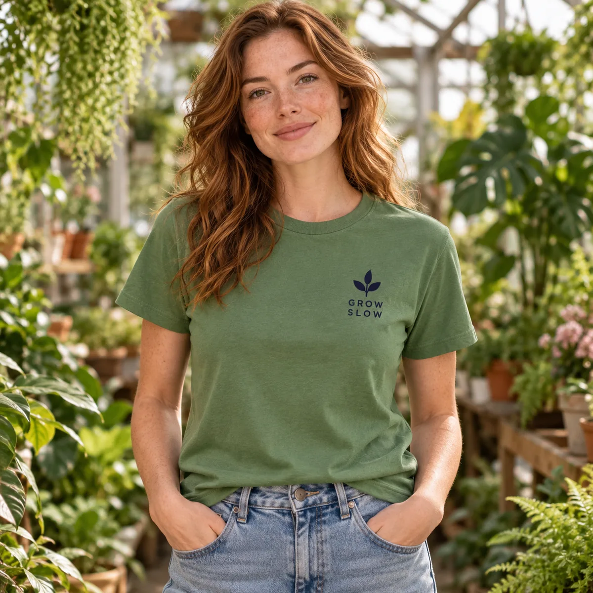 Woman wearing a herb green tee with fictional Grow Slow sample branding in a greenhouse.