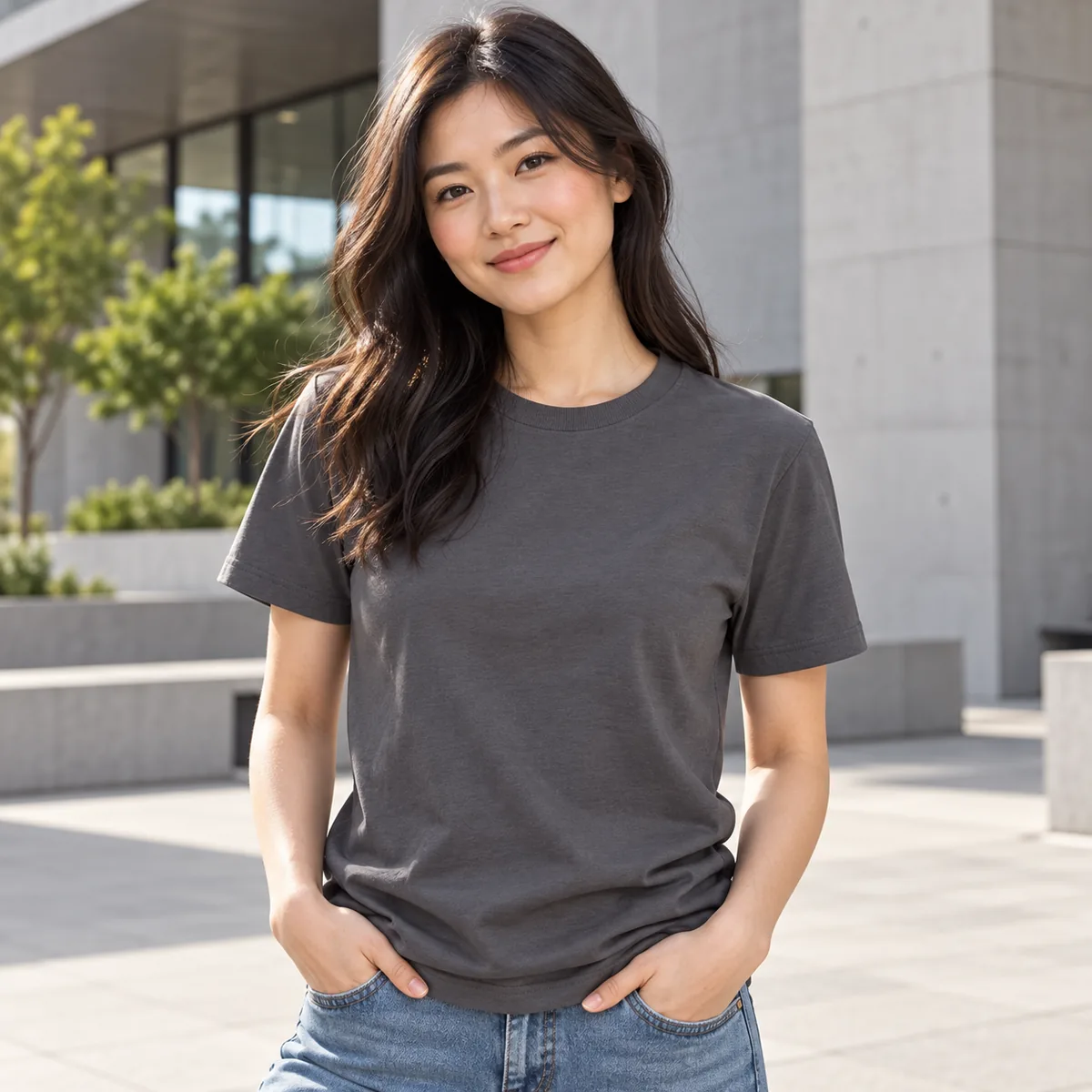 Woman wearing a terrain grey Allmade organic cotton tee at an architecture plaza; blank front.