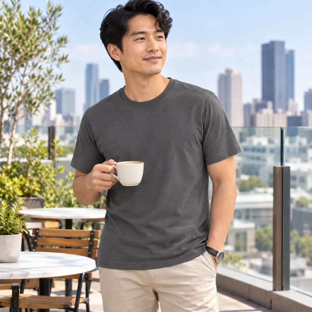 Model wearing an asphalt Bella + Canvas Ultra-Soft Jersey unisex T-shirt at a rooftop cafe.