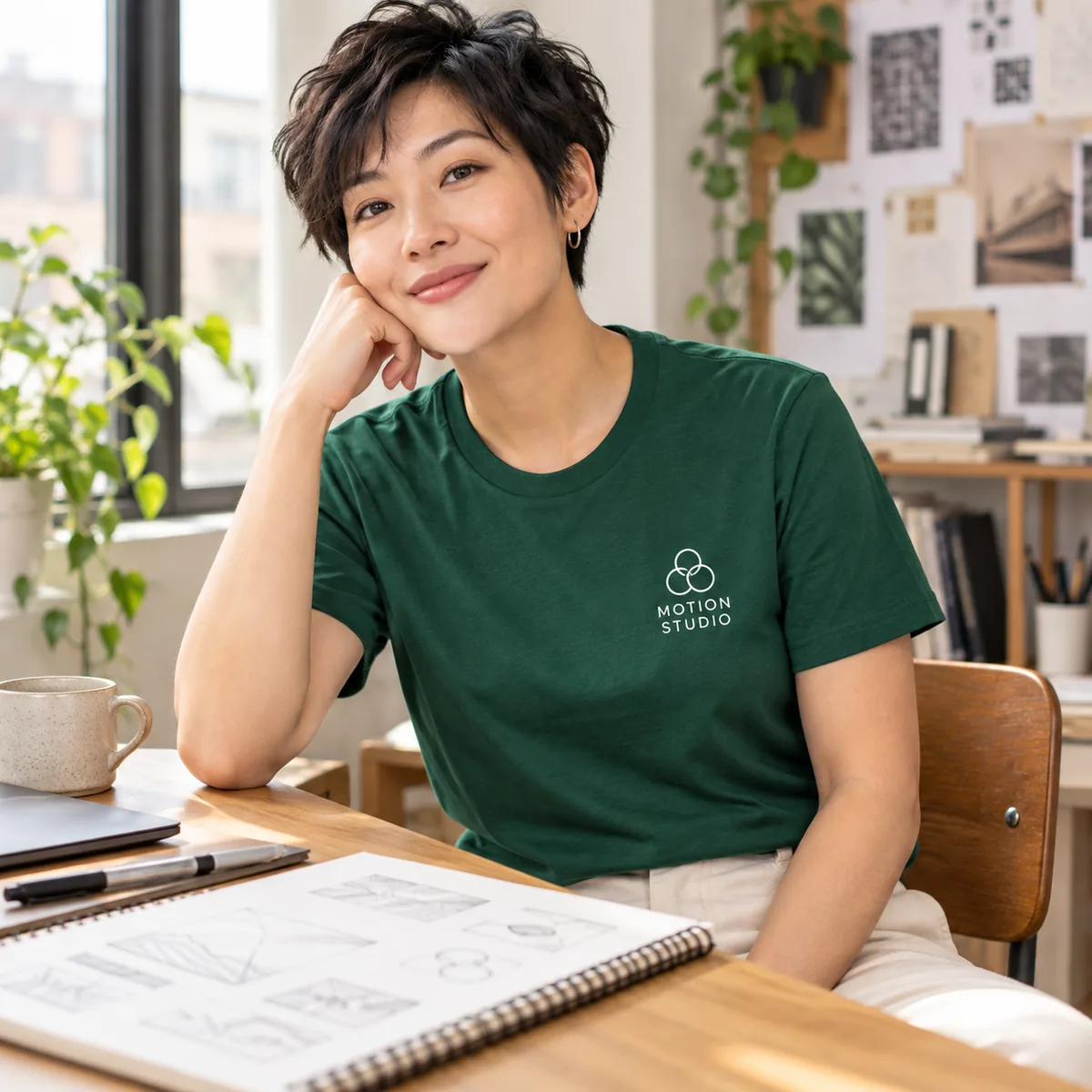 Model wearing a deep green Bella + Canvas Ultra-Soft Jersey unisex T-shirt with fictional Motion Studio sample branding.