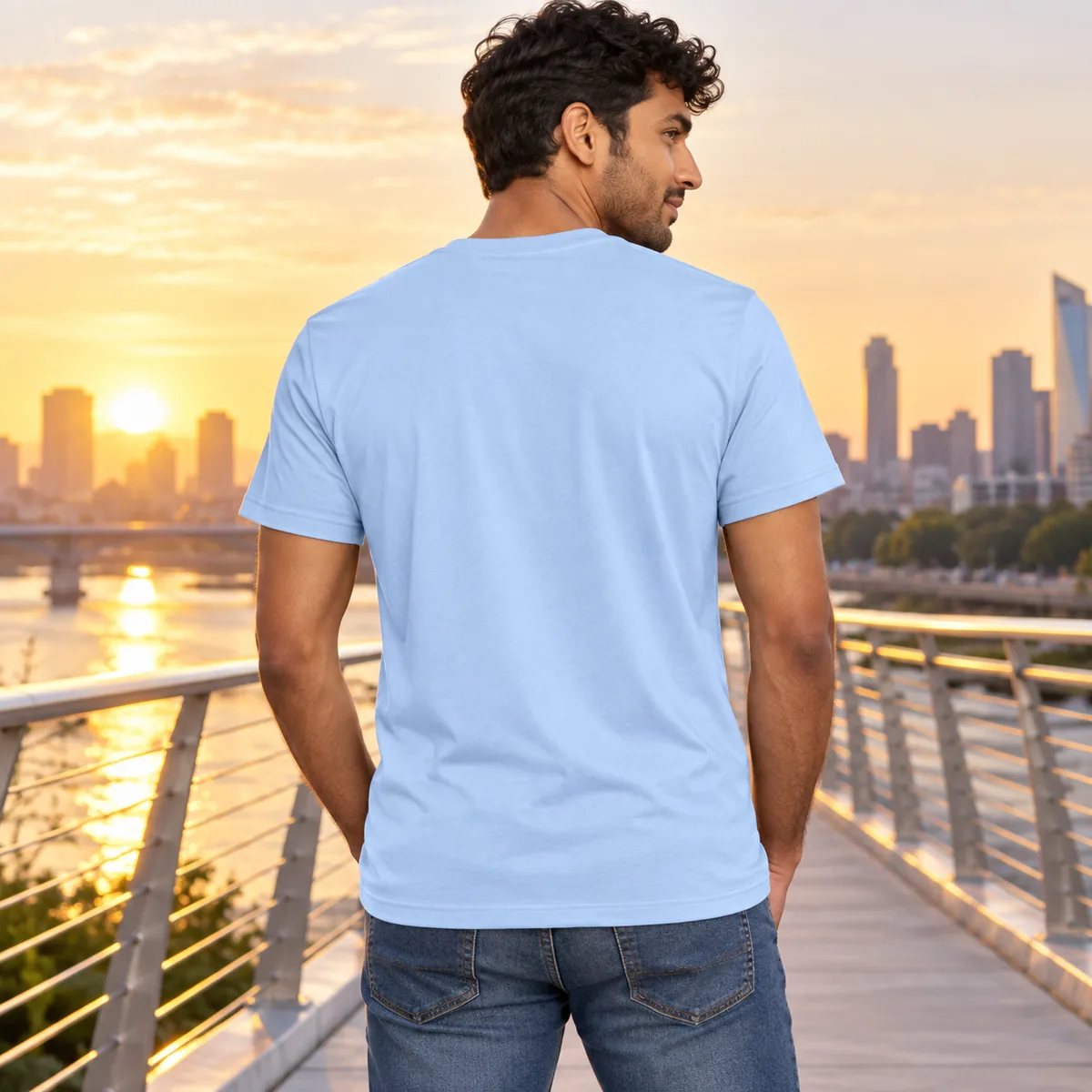 Back view of a model wearing a light blue Bella + Canvas Ultra-Soft Jersey unisex T-shirt on a river bridge at sunrise.