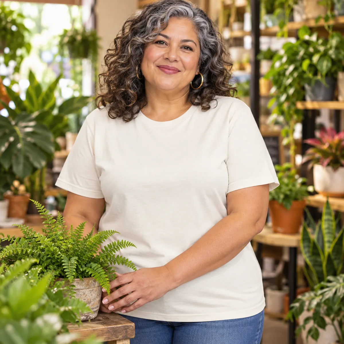 Model wearing a natural Bella + Canvas Ultra-Soft Jersey unisex T-shirt in a plant shop.