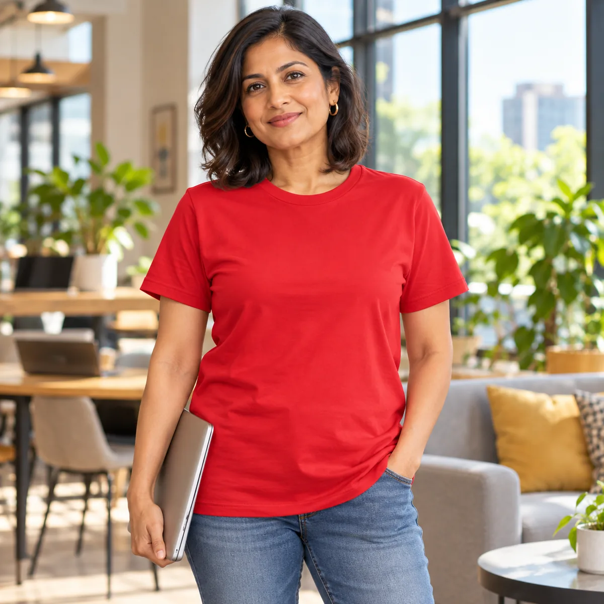 Model wearing a red Bella + Canvas Ultra-Soft Jersey unisex T-shirt in a coworking lounge.