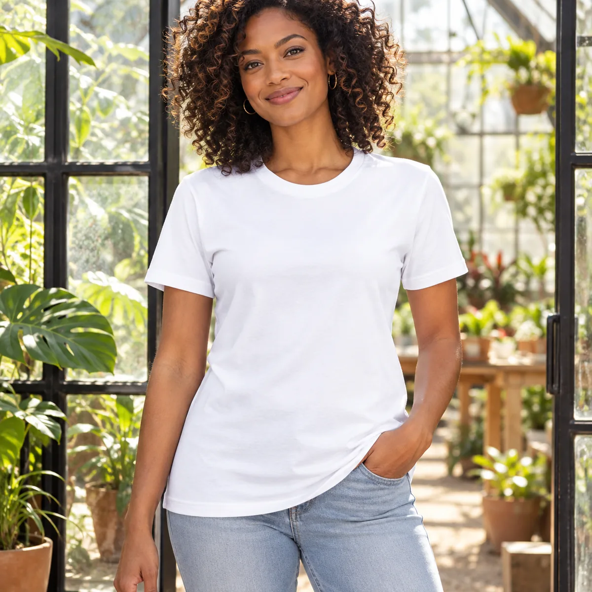 Model wearing a white Bella + Canvas Ultra-Soft Jersey unisex T-shirt in a greenhouse.