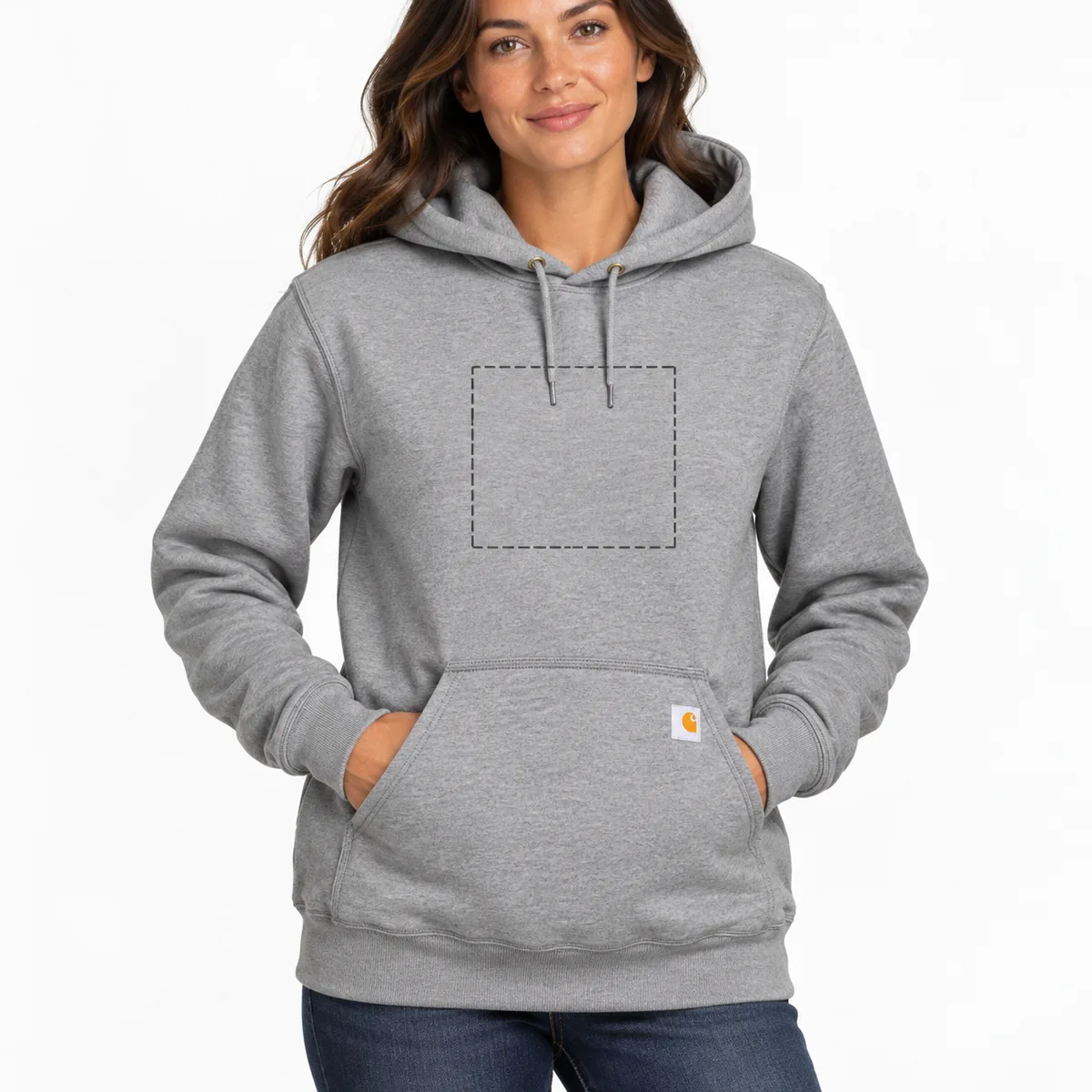 Woman wearing a heather grey hoodie with an illustrative dashed chest print-area guide; dimensions are not verified.