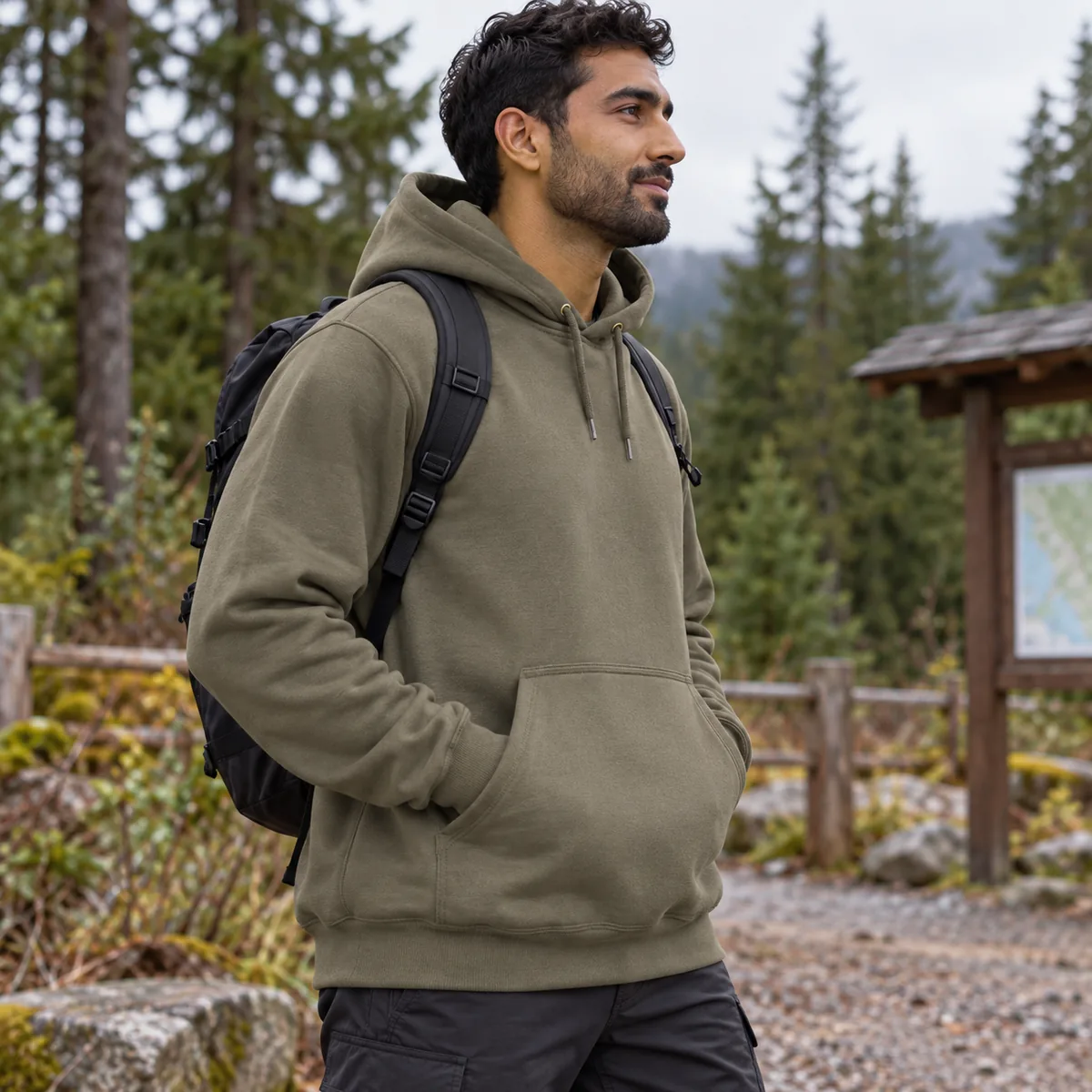 Man wearing a moss Carhartt Loose-Fit Midweight Hoodie at a wooded trailhead.