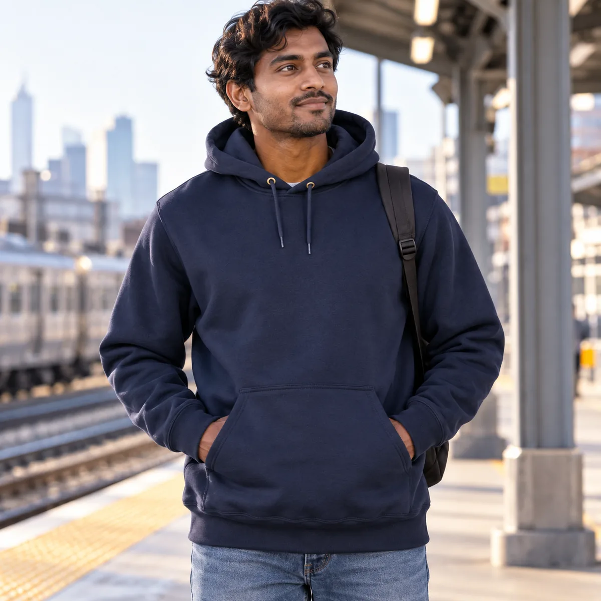 Man wearing a new navy Carhartt Loose-Fit Midweight Hoodie at a city train platform.