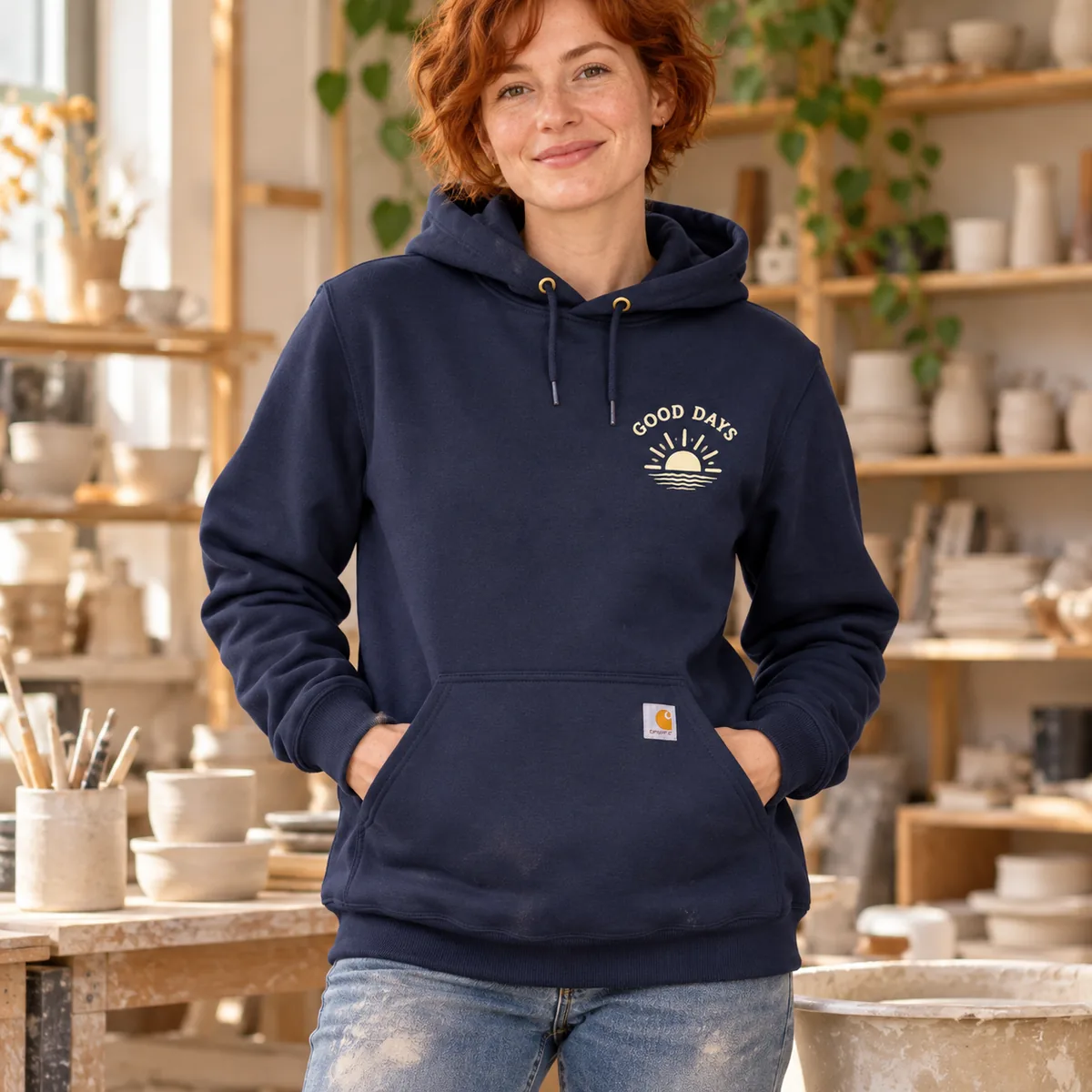 Woman wearing a new navy hoodie with fictional Good Days sample branding in a ceramics workshop.