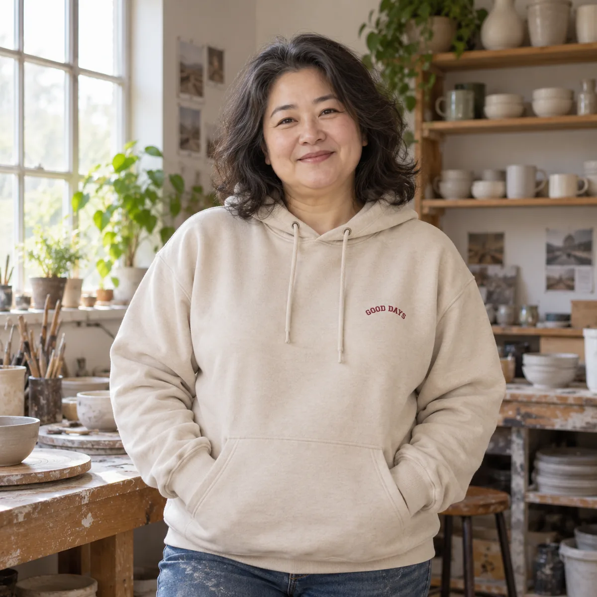 East Asian woman wearing a sand Champion Powerblend hoodie with fictional Good Days chest embroidery in a ceramics workshop.