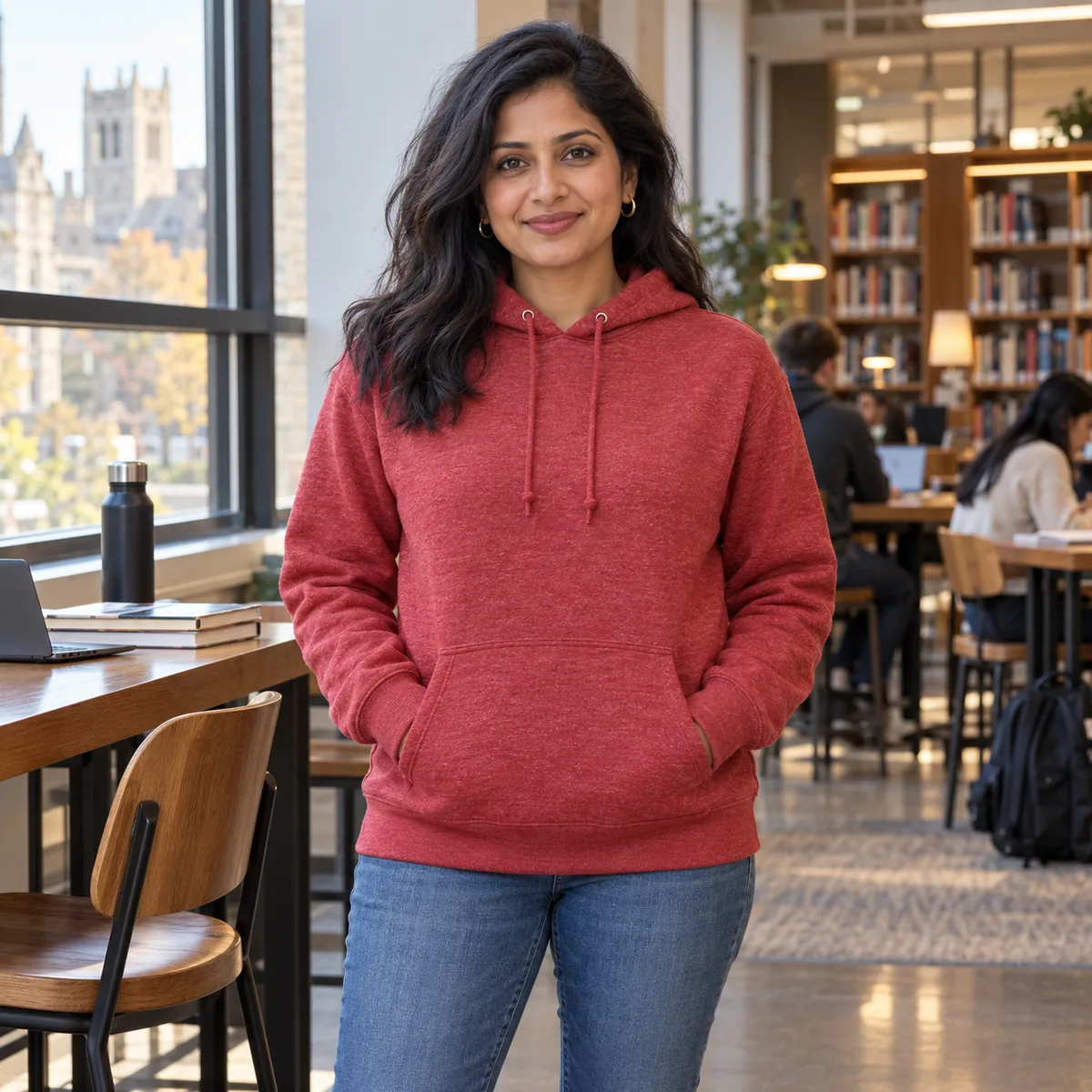 South Asian woman wearing a Scarlet Heather Champion Powerblend hoodie in a library cafe.