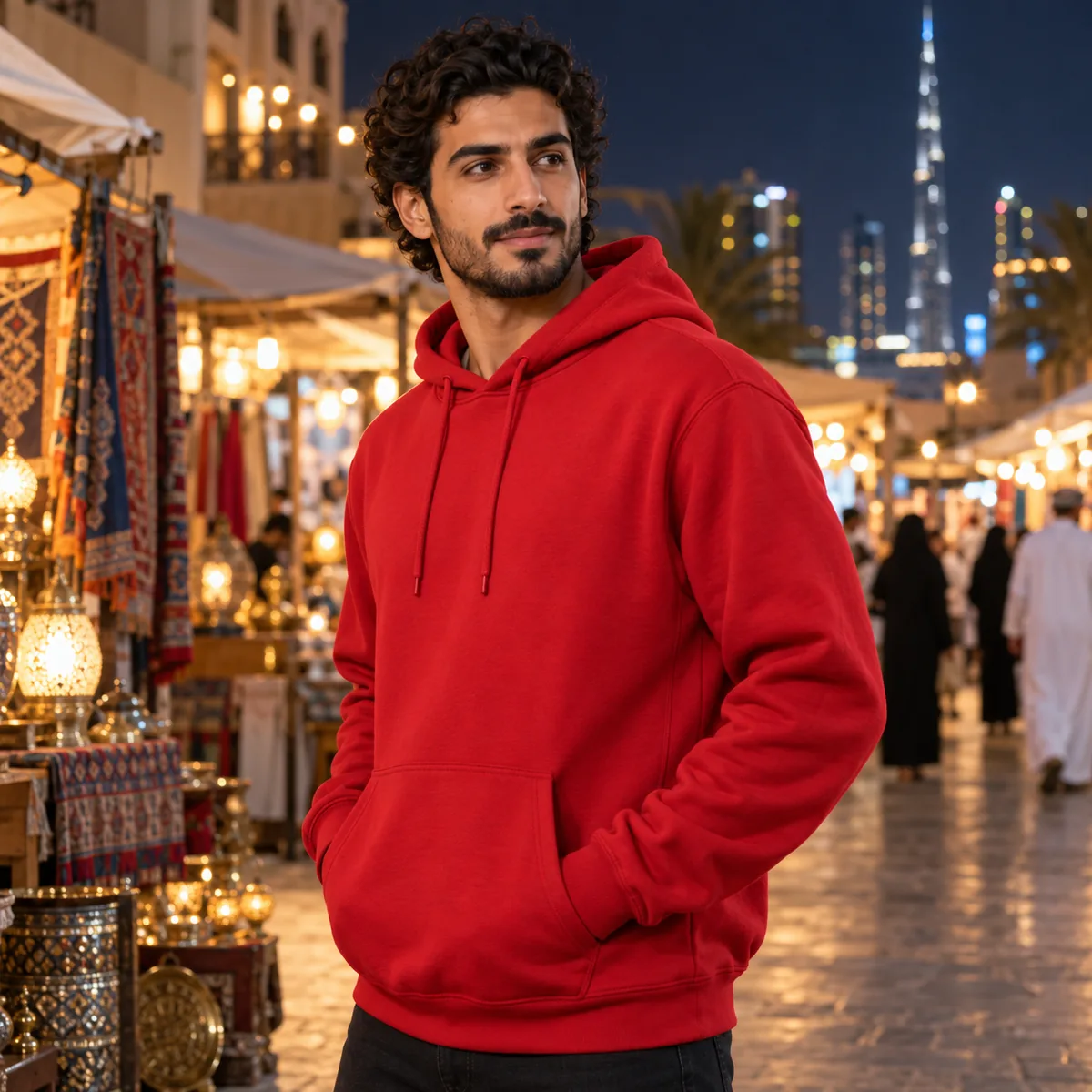 Arab man wearing a scarlet Champion Powerblend hoodie at a city night market.