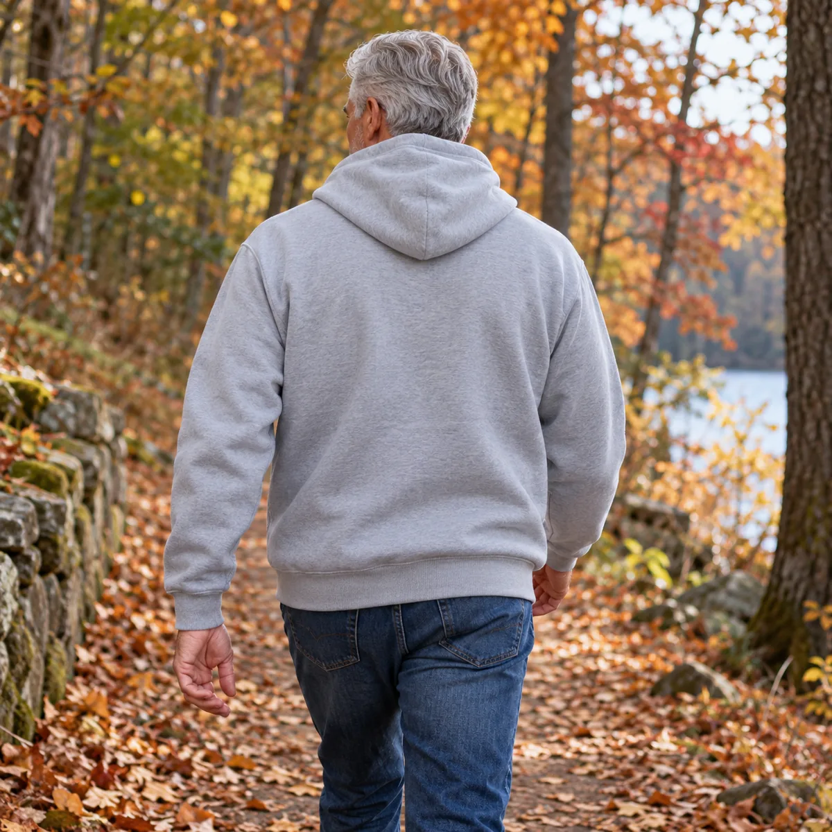 Silver-haired man wearing a silver grey Champion Powerblend hoodie, shown from behind in an autumn park.