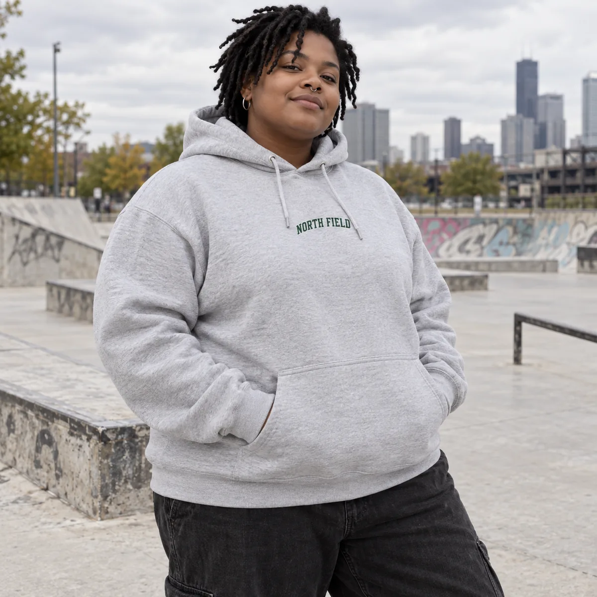 Black nonbinary model wearing a stone grey Champion Powerblend hoodie with fictional North Field chest print at a skate plaza.
