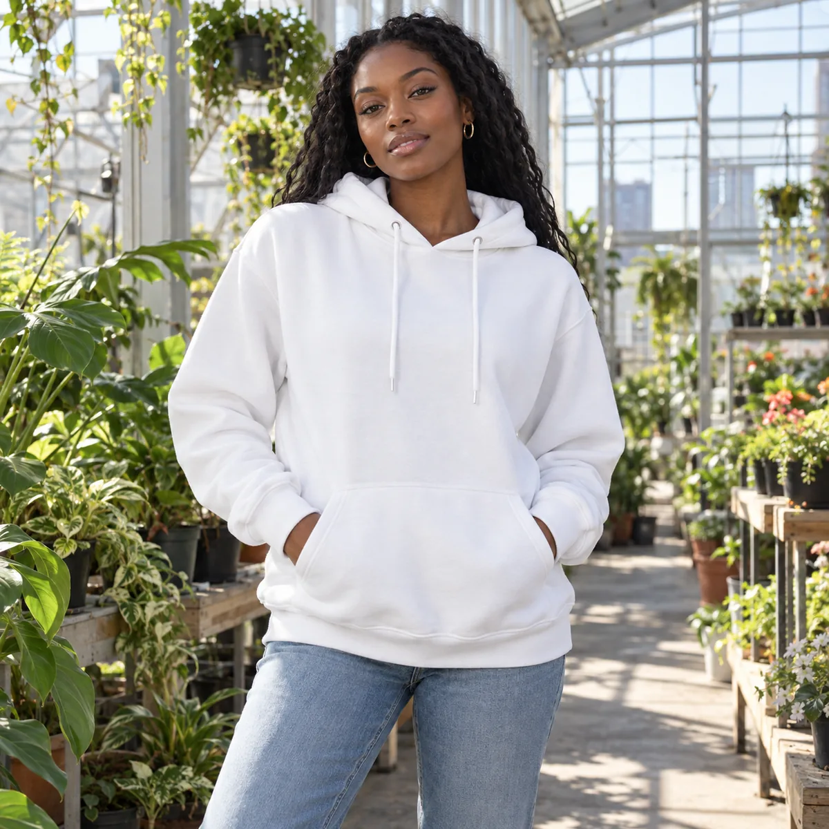 Black woman wearing a white Champion Powerblend hoodie at an urban greenhouse.
