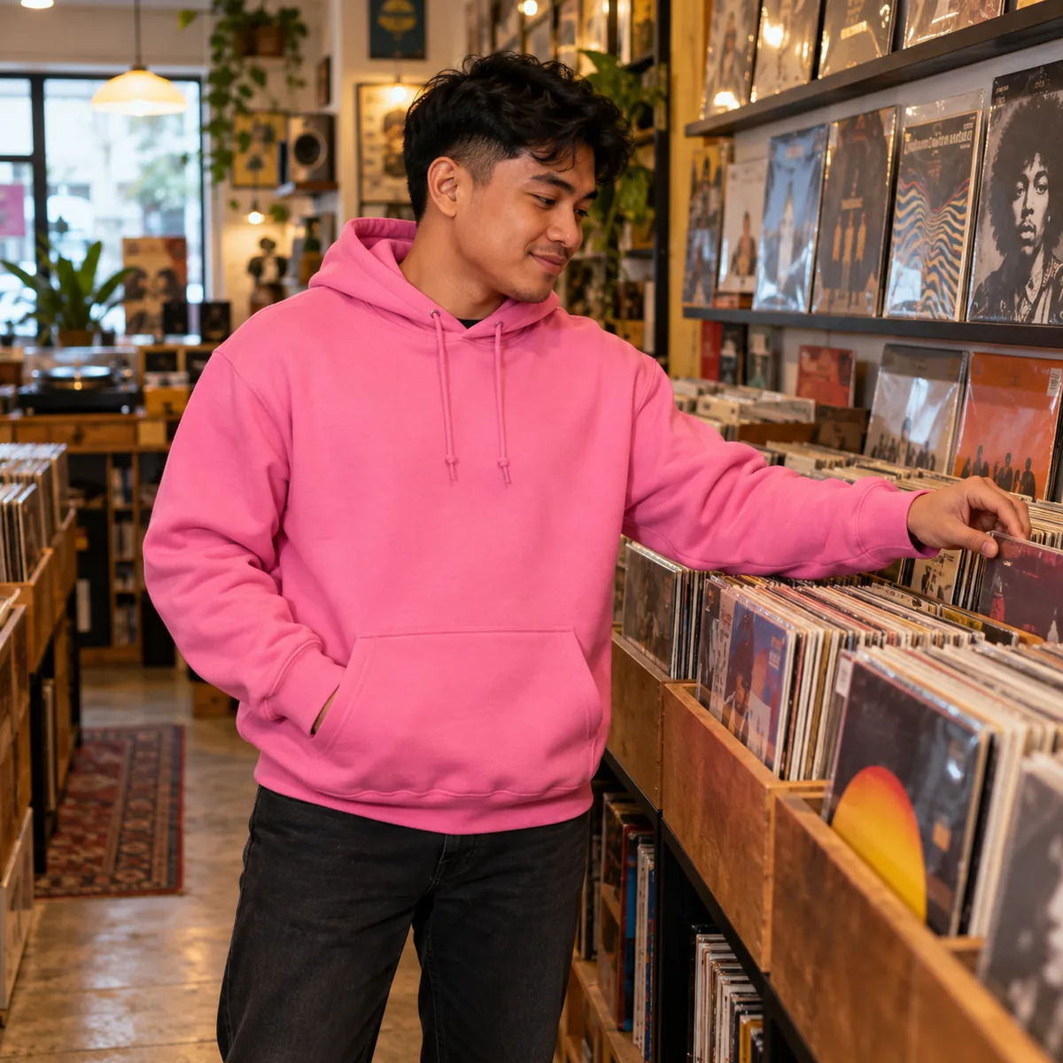 Filipino man wearing a Wow Pink Champion Powerblend hoodie in a record shop.