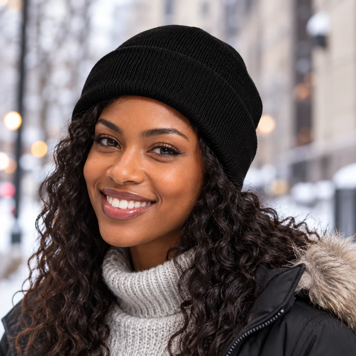 Woman wearing a black blank cuffed beanie on a winter city street.