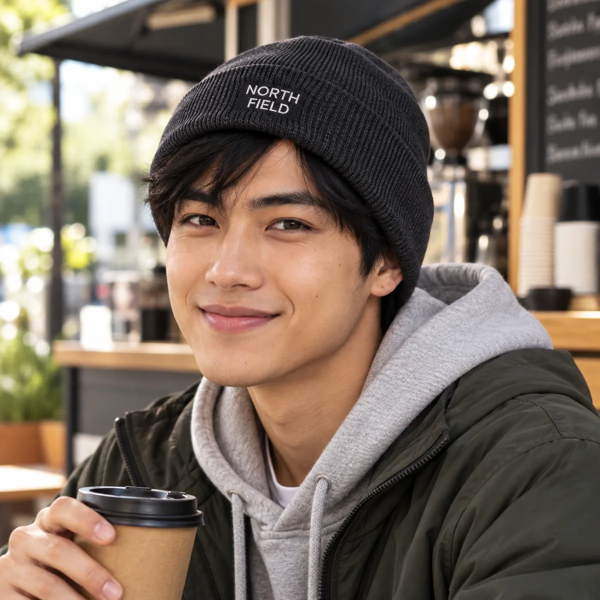 Man wearing a dark grey cuffed beanie with fictional North Field sample embroidery at a coffee kiosk.