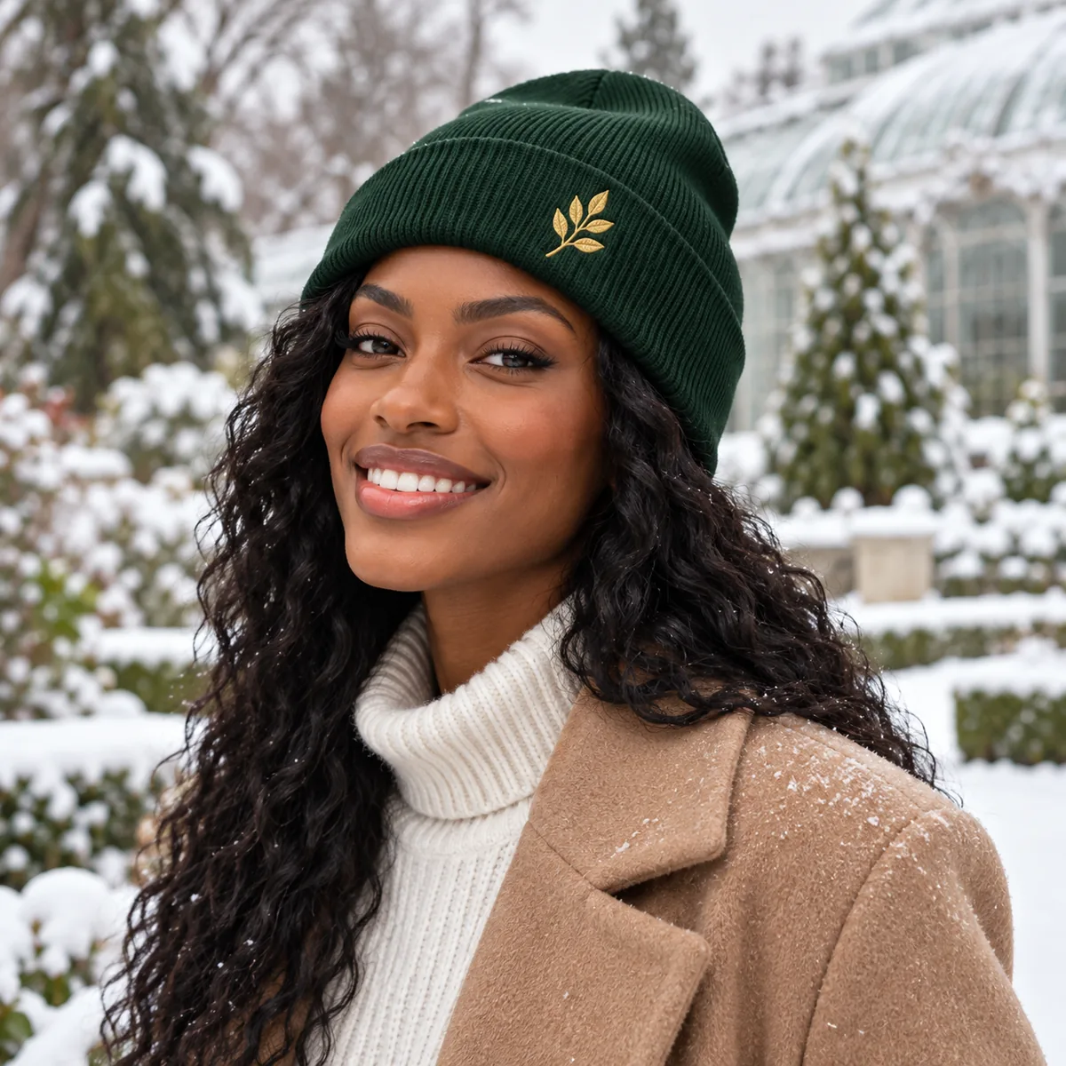 Woman wearing a forest green beanie with fictional gold leaf embroidery at a botanical garden.
