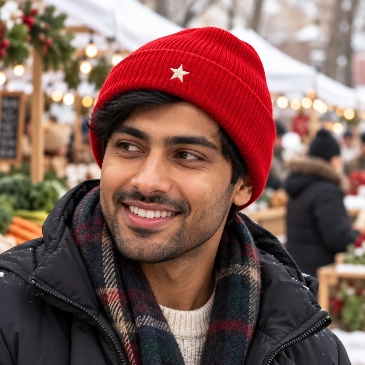 Man wearing a red cuffed beanie with a fictional cream star embroidery at a winter market.