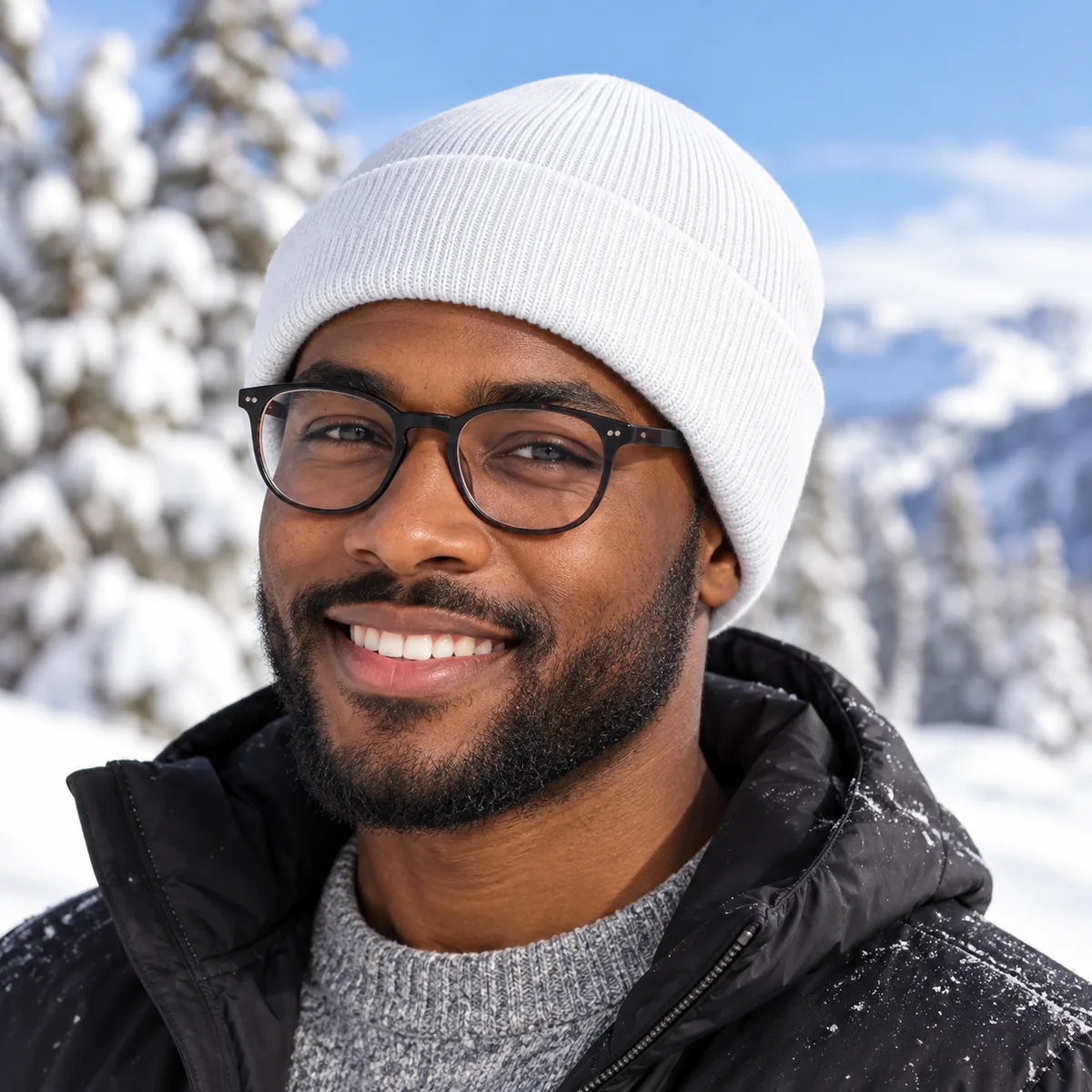 Man wearing a white blank cuffed beanie outdoors in snowy weather.