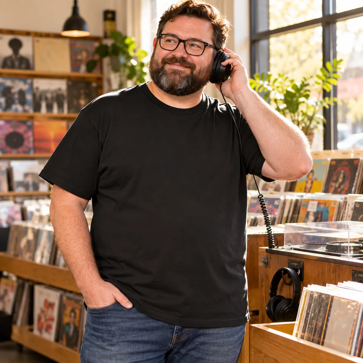 Model wearing a black District Soft-Touch unisex T-shirt in a record store.