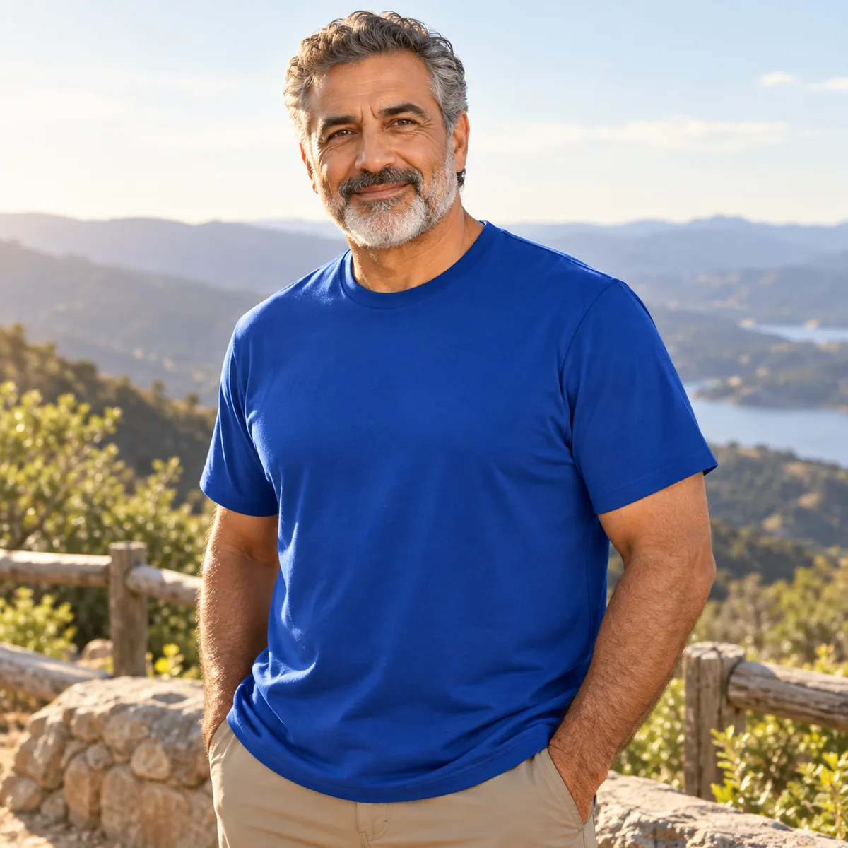 Model wearing a deep royal District Soft-Touch unisex T-shirt at a trail overlook.