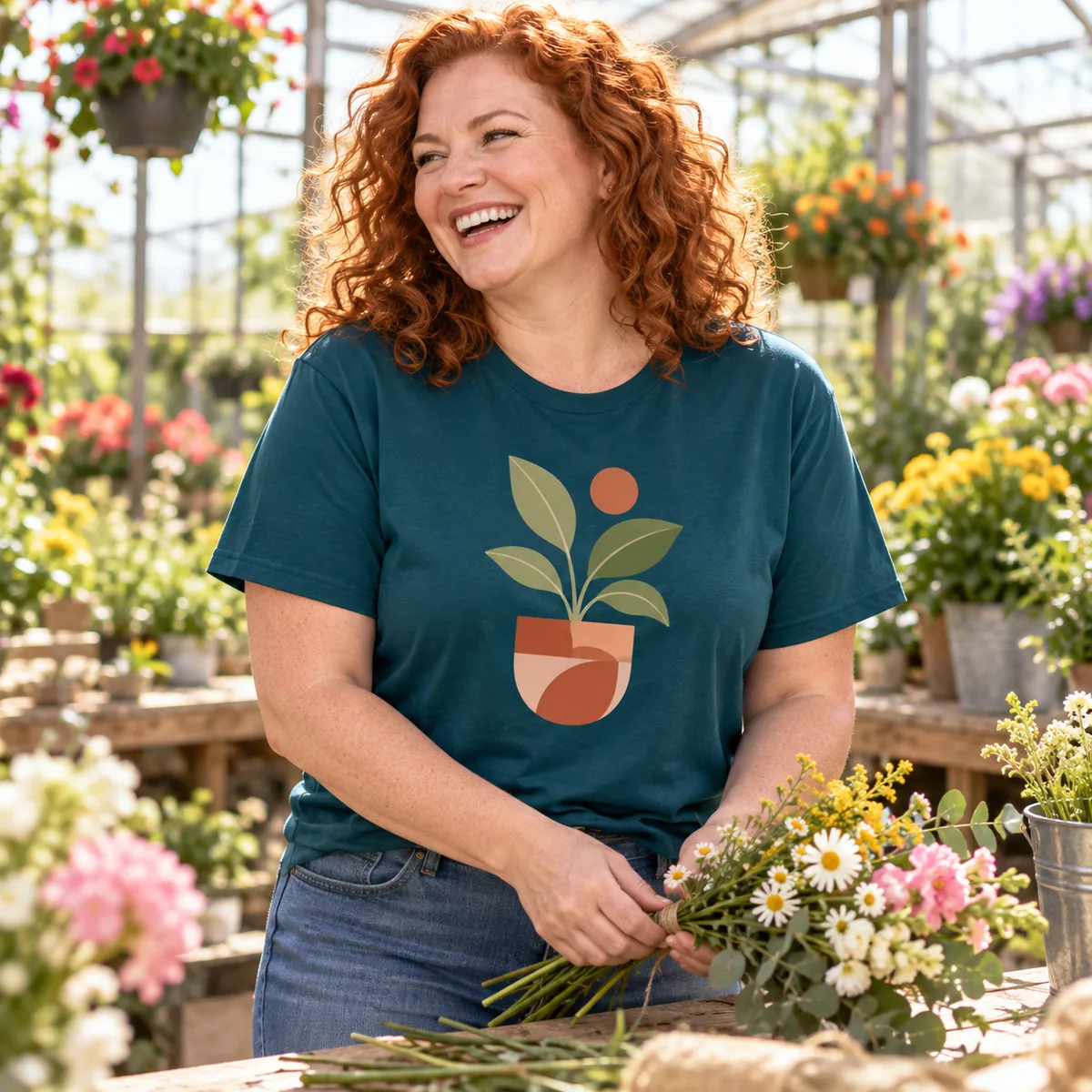 Model wearing a deep teal District Soft-Touch unisex T-shirt with fictional plant artwork at a greenhouse.