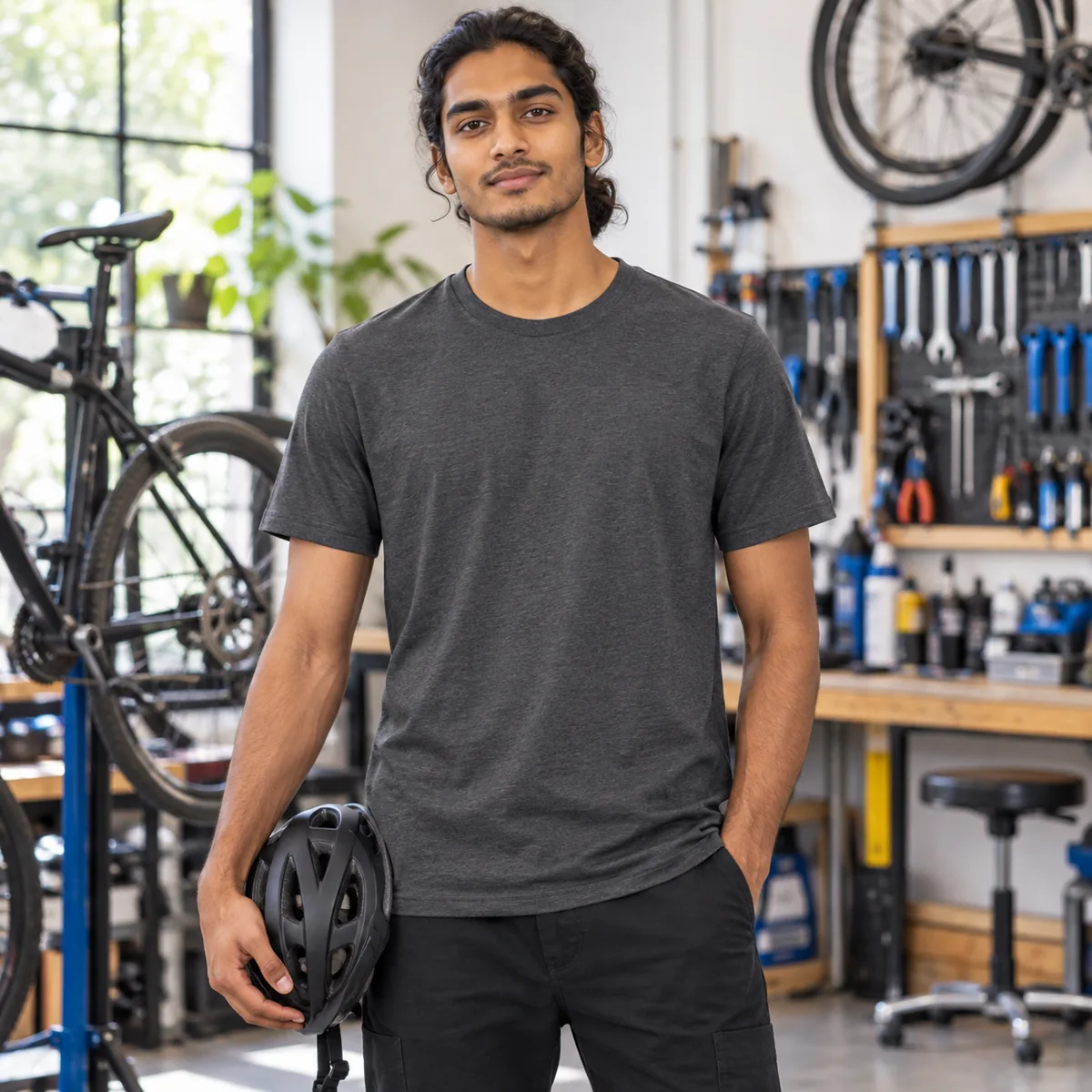 Model wearing a heather charcoal District Soft-Touch unisex T-shirt in a bicycle workshop.