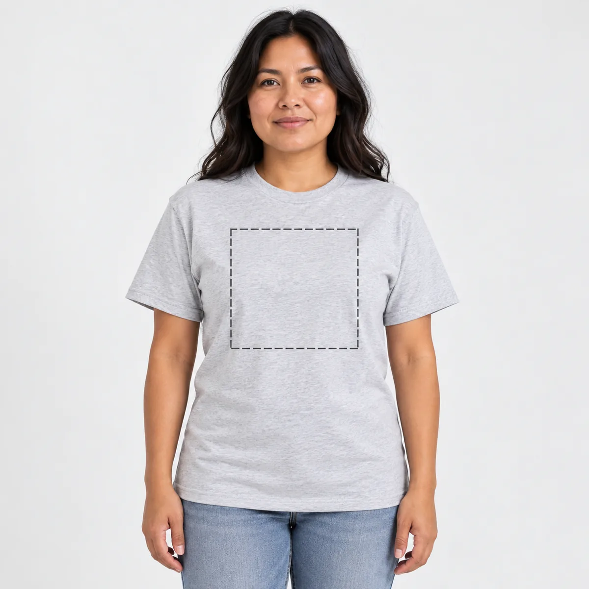 Model wearing a light heather gray District Soft-Touch unisex T-shirt with an illustrative print-area boundary.