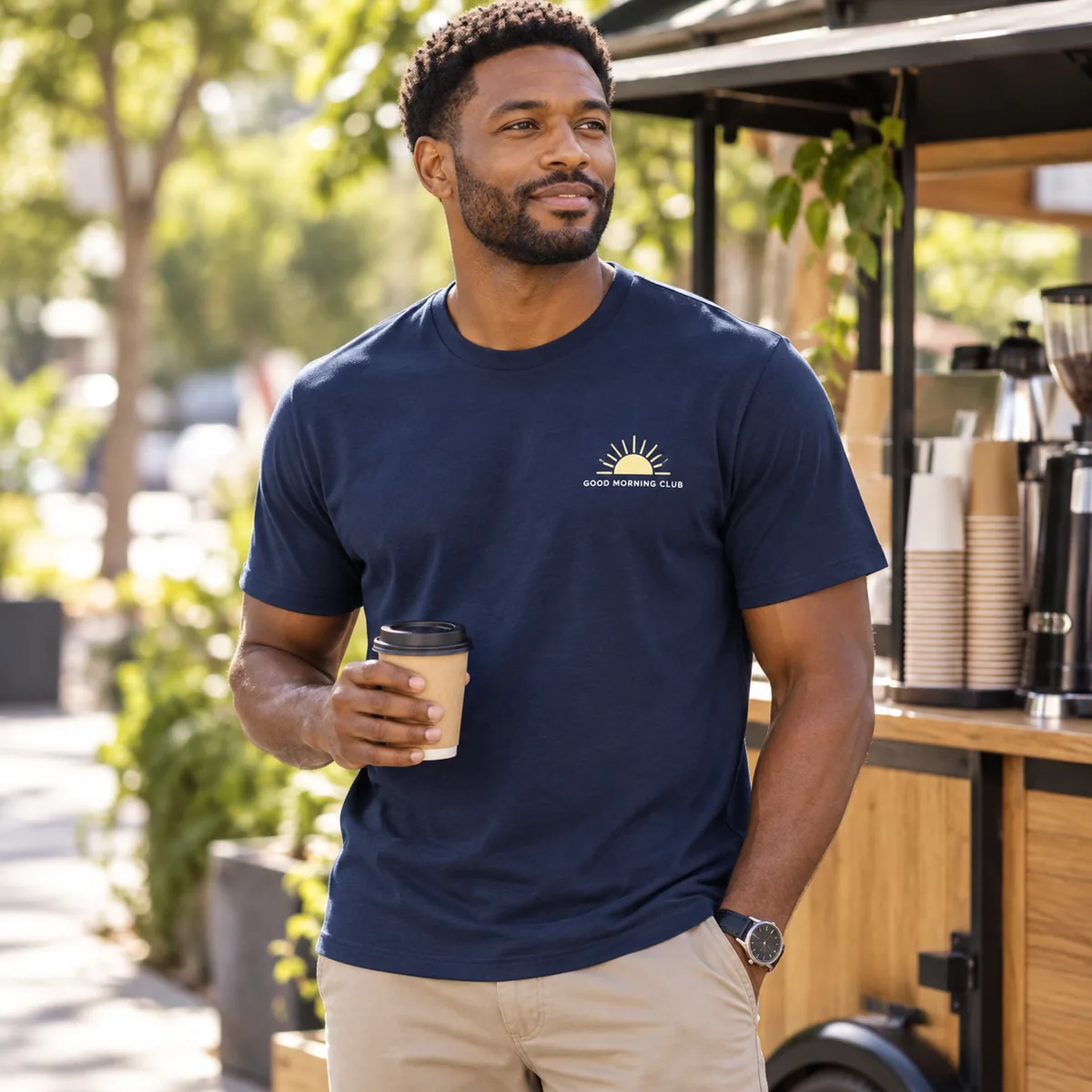 Model wearing a navy District Soft-Touch unisex T-shirt with fictional Good Morning Club sample branding at a coffee cart.