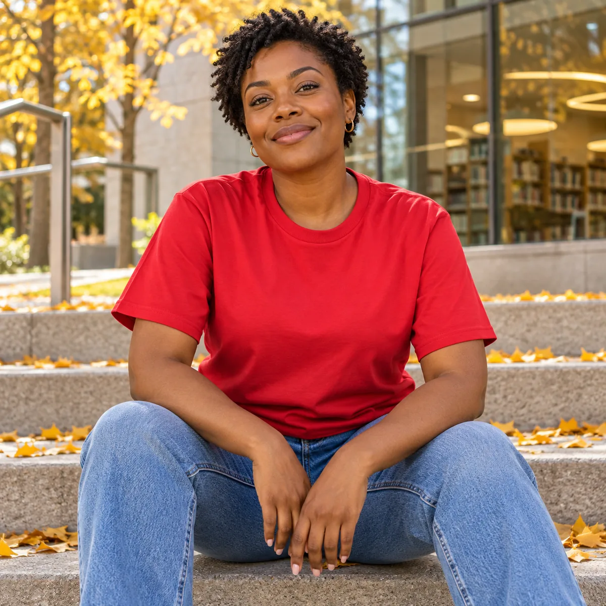 Model wearing a red District Soft-Touch unisex T-shirt outside a public library.