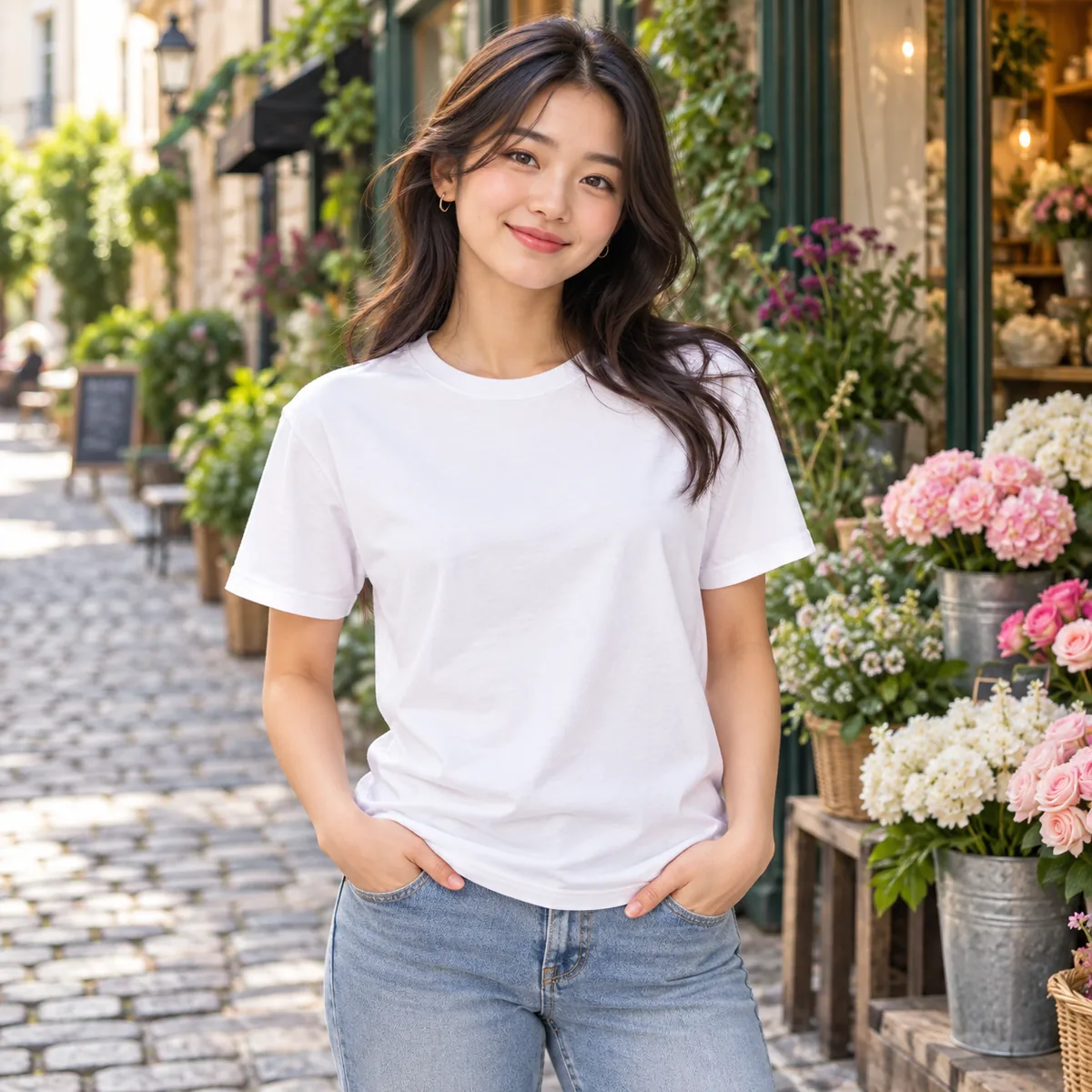 Model wearing a white District Soft-Touch unisex T-shirt on a flower-shop street.