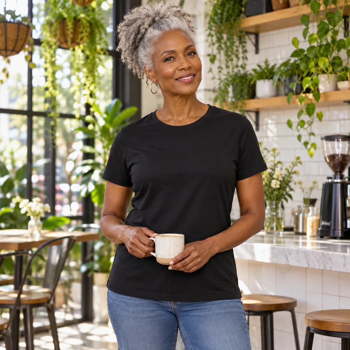 Black woman wearing the black District Soft-Touch Women’s T-shirt in a greenhouse cafe; blank shirt.