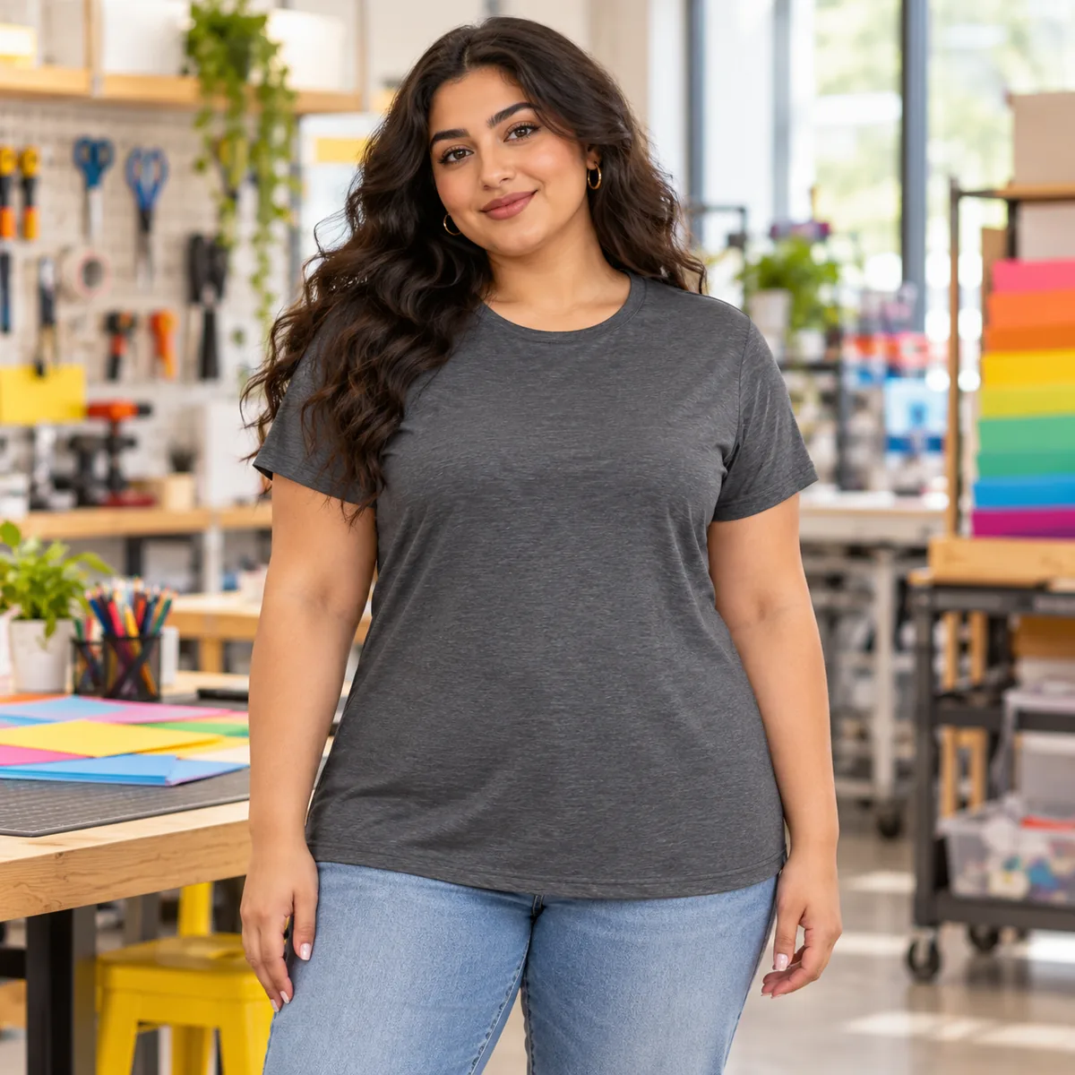 Curvy Middle Eastern woman wearing the heather charcoal District Soft-Touch Women’s T-shirt in a makerspace; blank shirt.