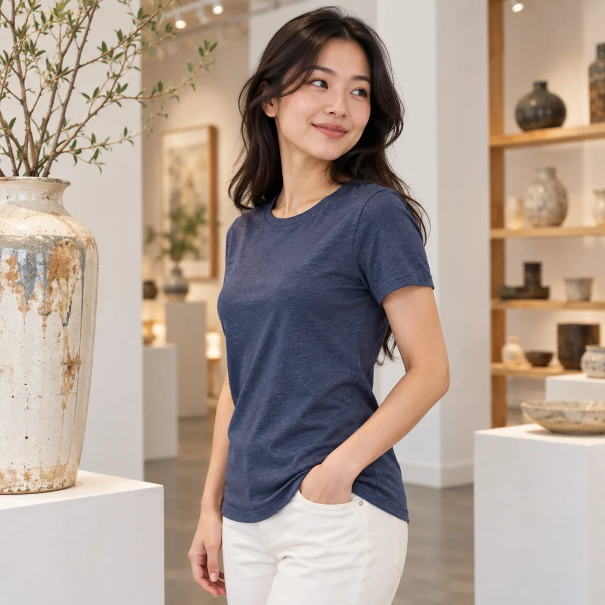 Woman wearing the heathered navy District Soft-Touch Women’s T-shirt in a ceramics gallery, shown in side view.