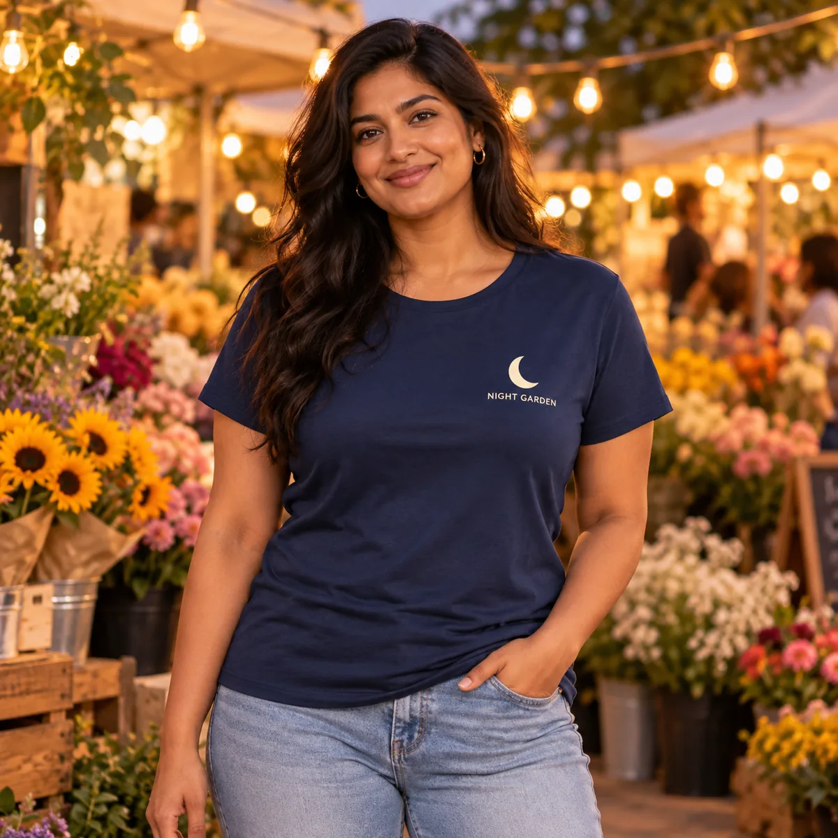 Woman wearing a navy District Soft-Touch Women’s T-shirt with fictional Night Garden sample branding at a flower market.