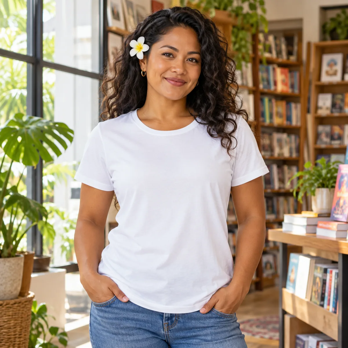 Woman wearing the white District Soft-Touch Women’s T-shirt in a bookstore; blank shirt.