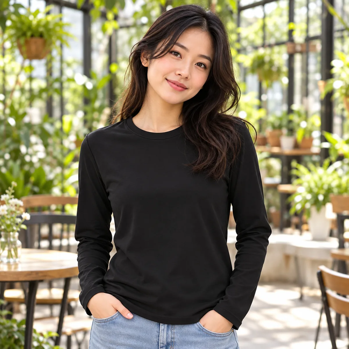Woman wearing the black District Very Important Tee long sleeve in a greenhouse cafe; blank front view.