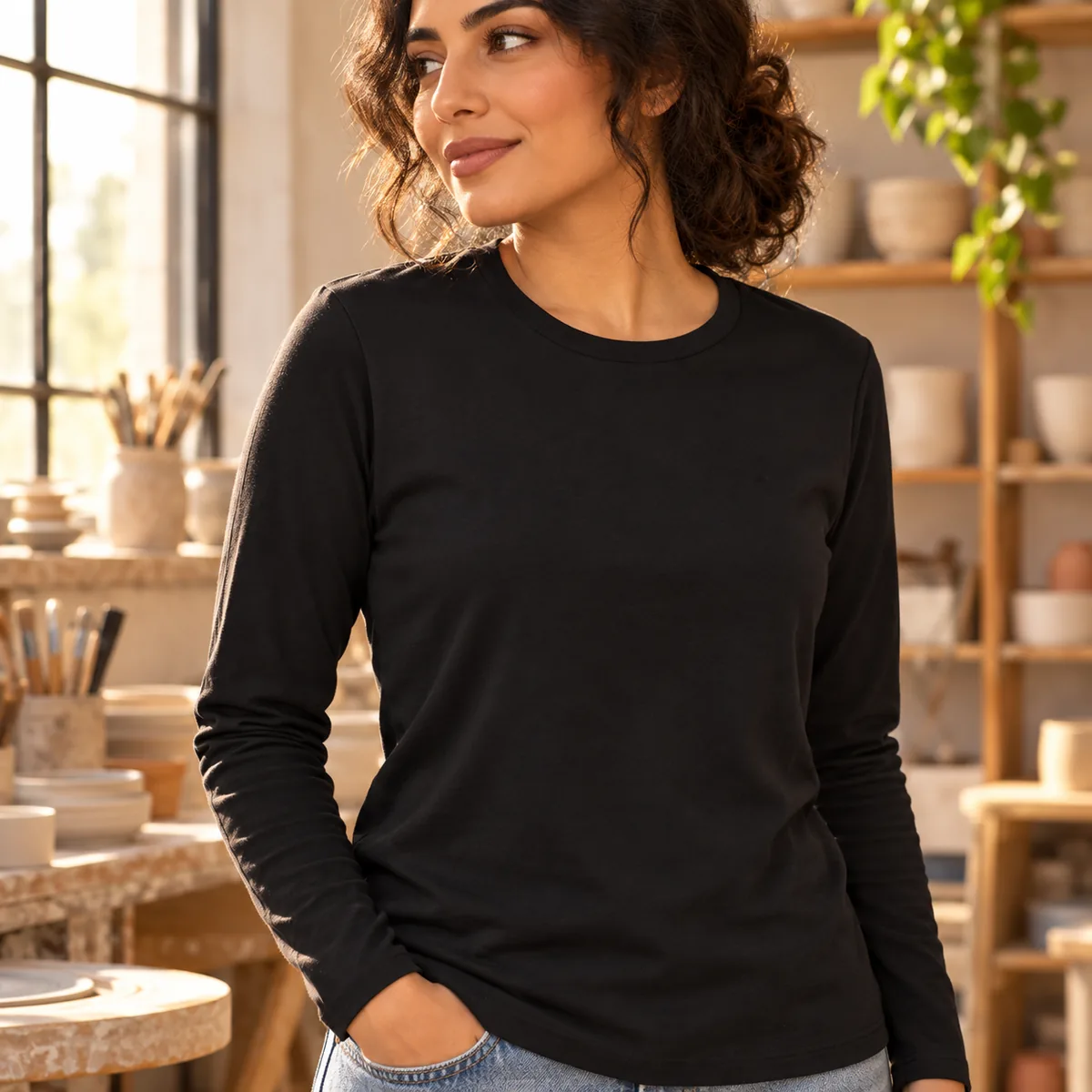 Close view of a woman wearing the black long-sleeve District Very Important Tee in a pottery studio; blank shirt.