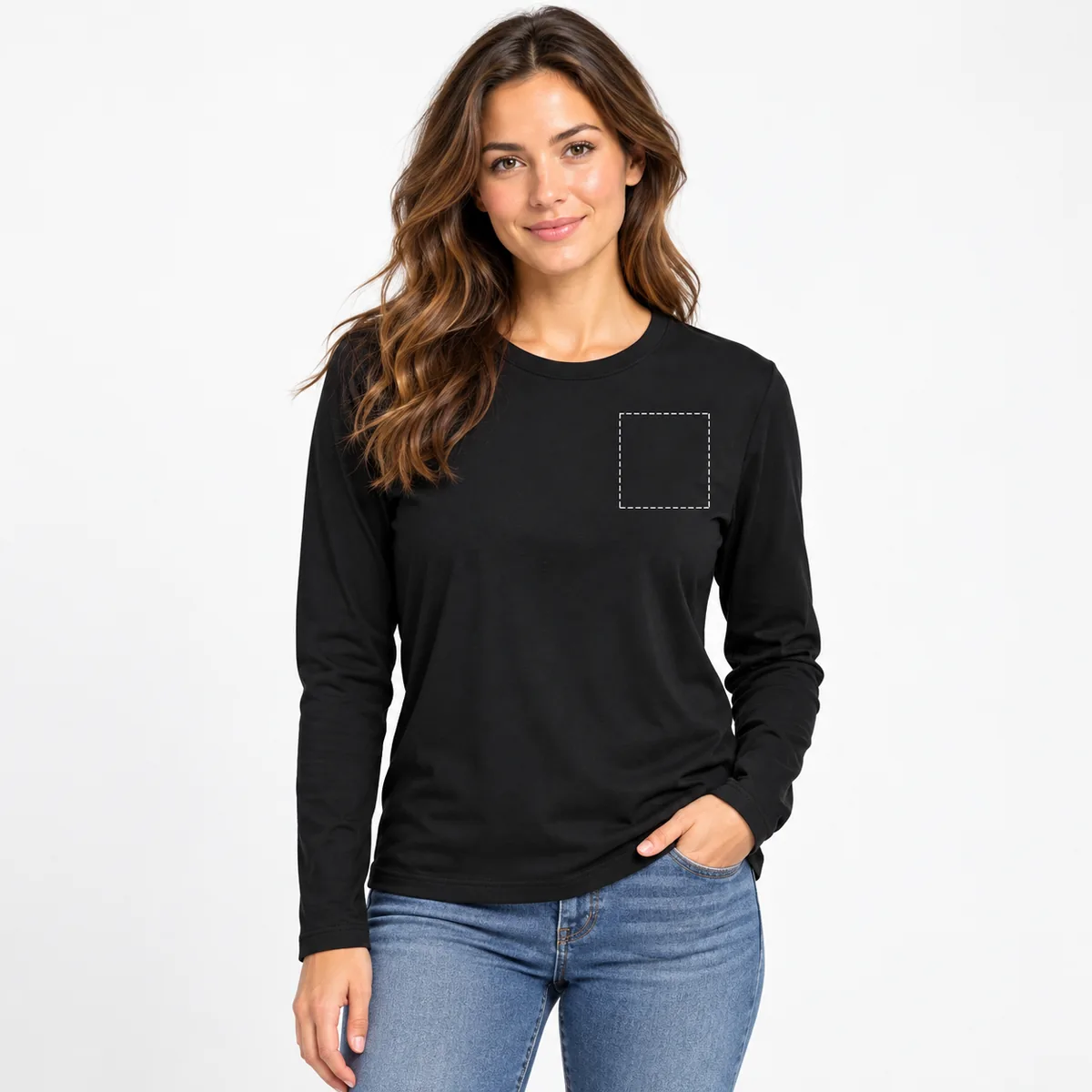 Woman wearing the black long-sleeve tee with an illustrative dashed left-chest print-area outline; dimensions not verified.