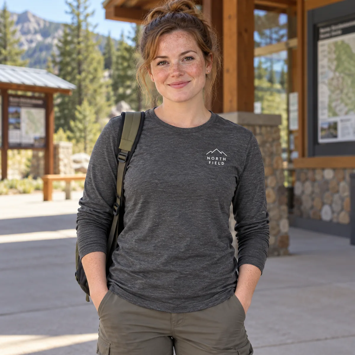 Woman wearing a heathered charcoal long-sleeve tee with a small fictional North Field sample mark at a trailhead.