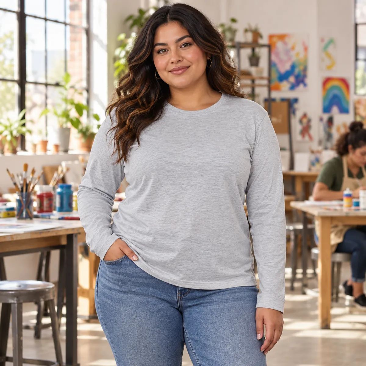 Woman wearing the light heather grey long-sleeve District Very Important Tee in an art workshop.