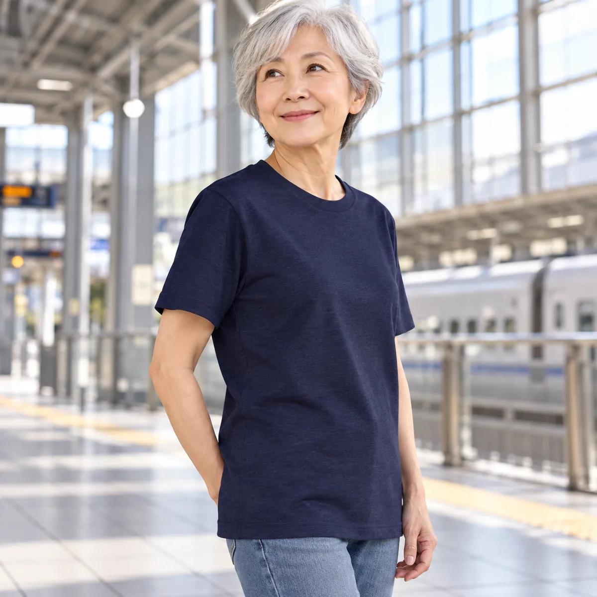 Side view of a model wearing a heathered navy District Very Important Tee at a train station.