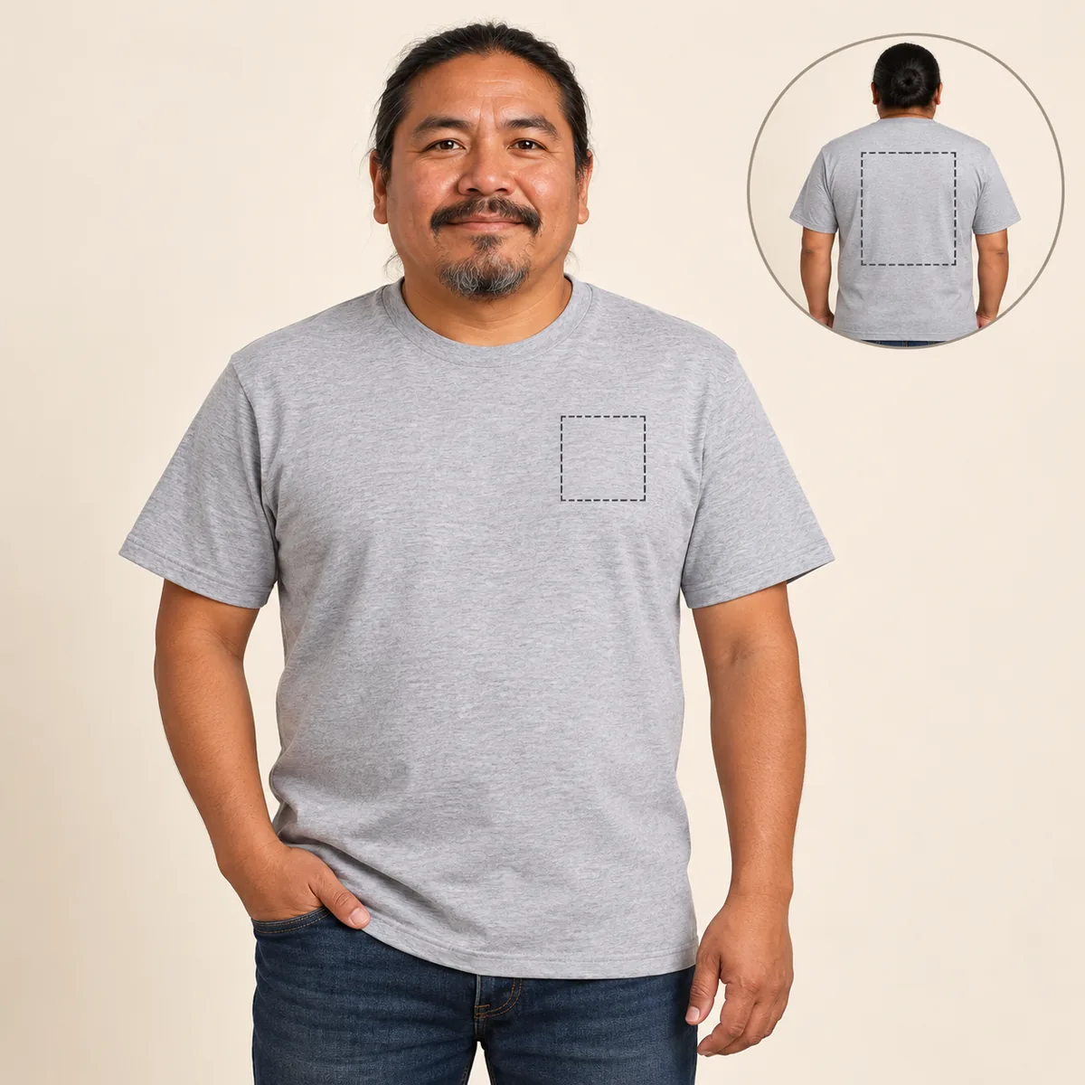 Model wearing a light heather gray District Very Important Tee with illustrative front and back print-area outlines.