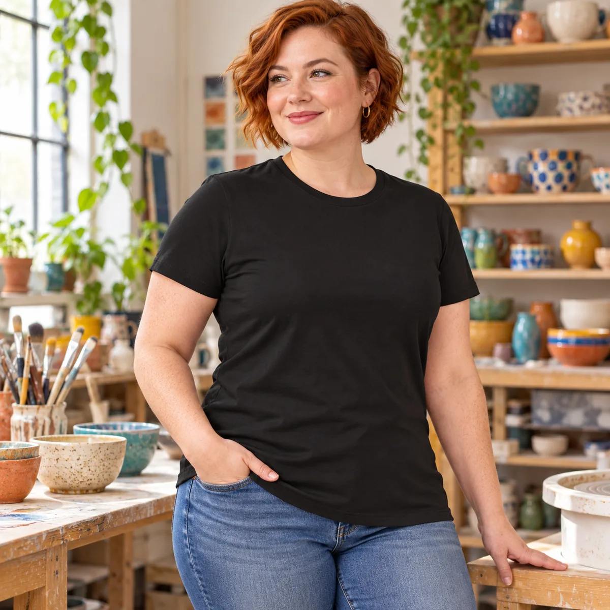 Woman wearing a black District Women’s Very Important Tee in a pottery studio; blank front view.